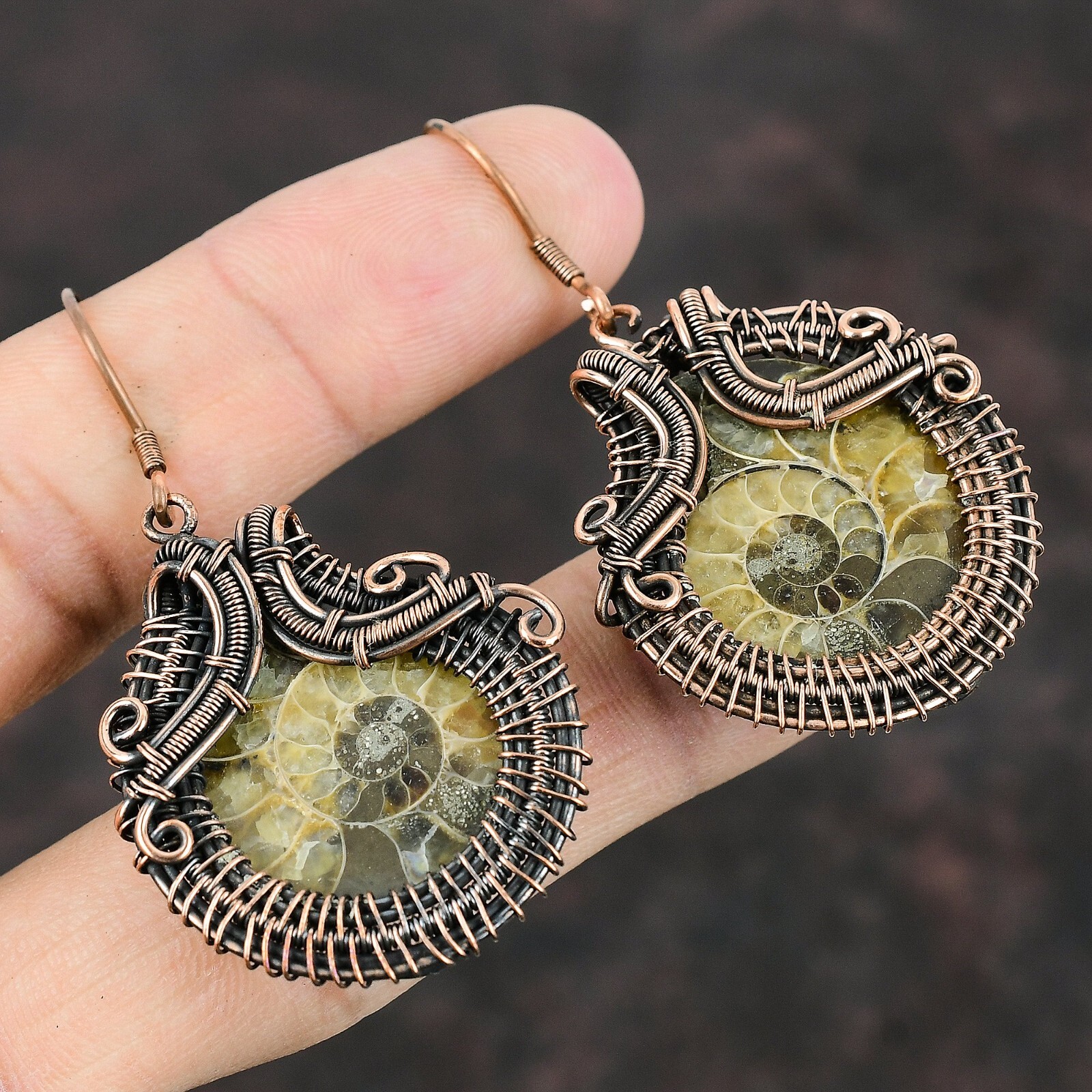 Ammonite Fossil Wire Wrapped Earrings Handcrafted Copper Dailywear 2.24″