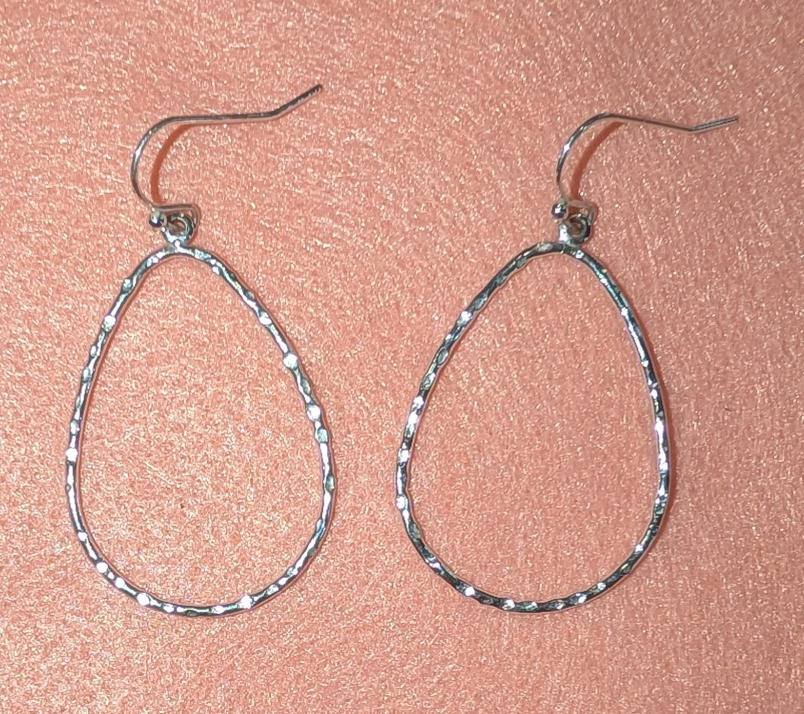 Silver Tone Textured Teardrop Hoop Dangle Drop Earrings Metal Hook No Stone