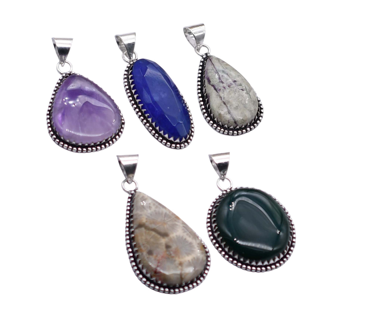 5 PCS Mix Gemstones Ethnic Handmade Pendant Silver Plated Mix Lot PP 63