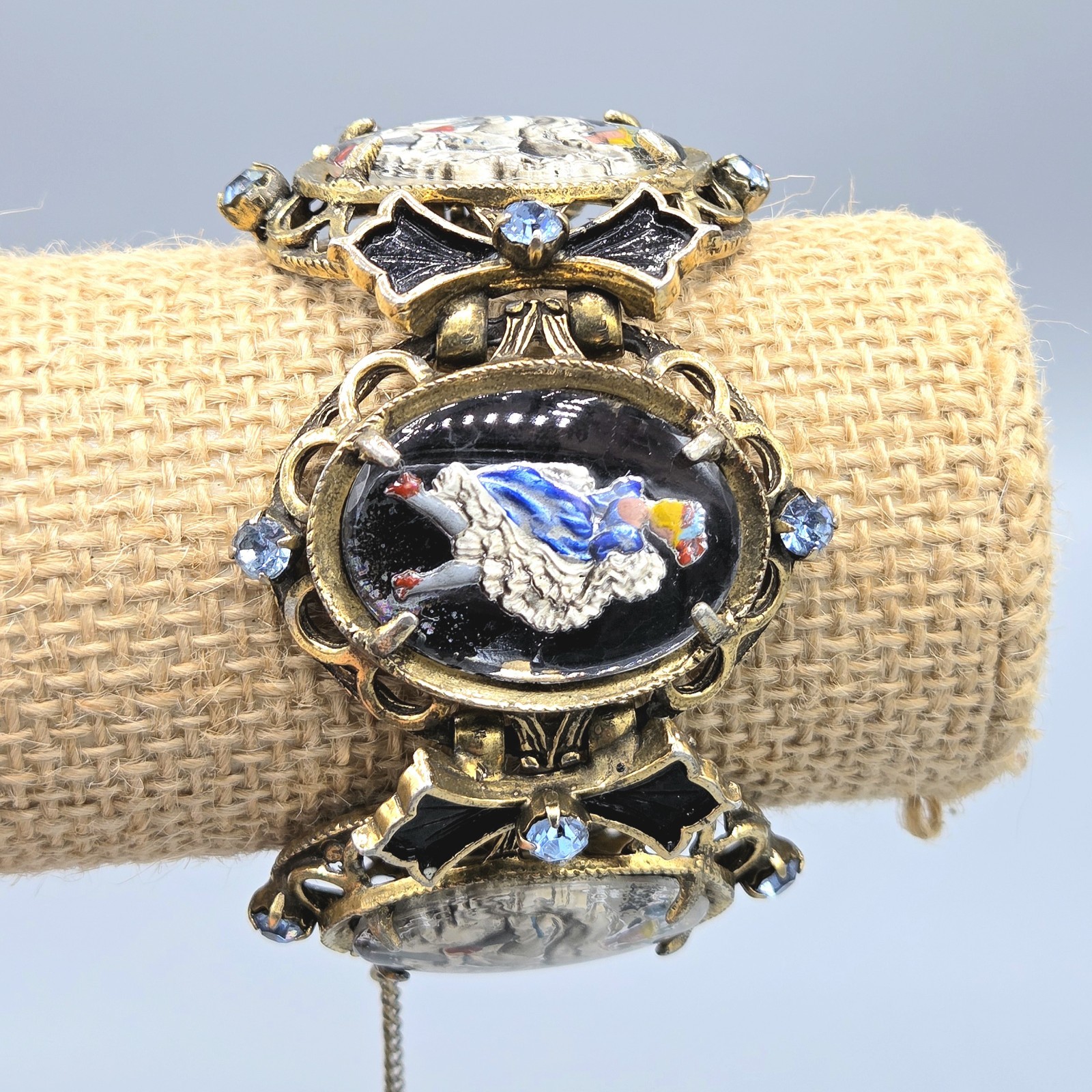 Vintage Can-Can Dancer Intaglio Reverse Paint Glass Panel Link Bracelet Earrings