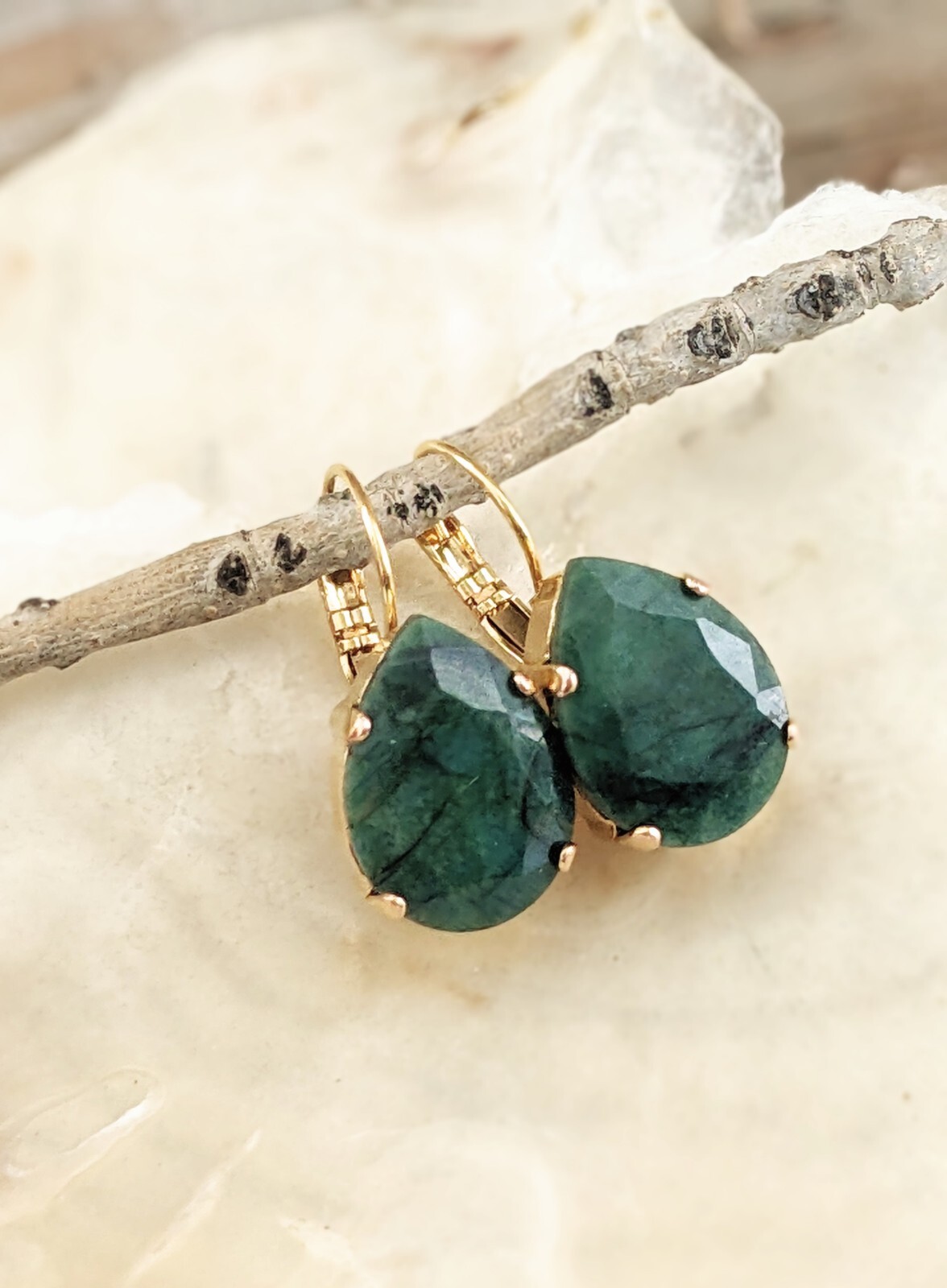 29.0 Total Carats Natural Emerald Rough Cut In Drop 18k Gold Plated Earrings