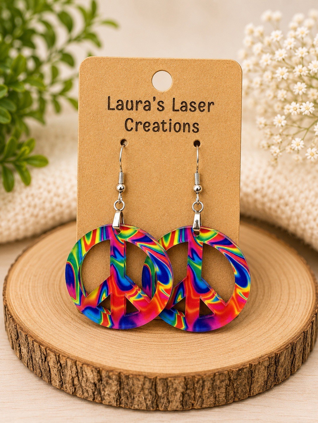Colorful Peace Sign Earrings Groovy Hippie Acrylic Dangle Handmade USA