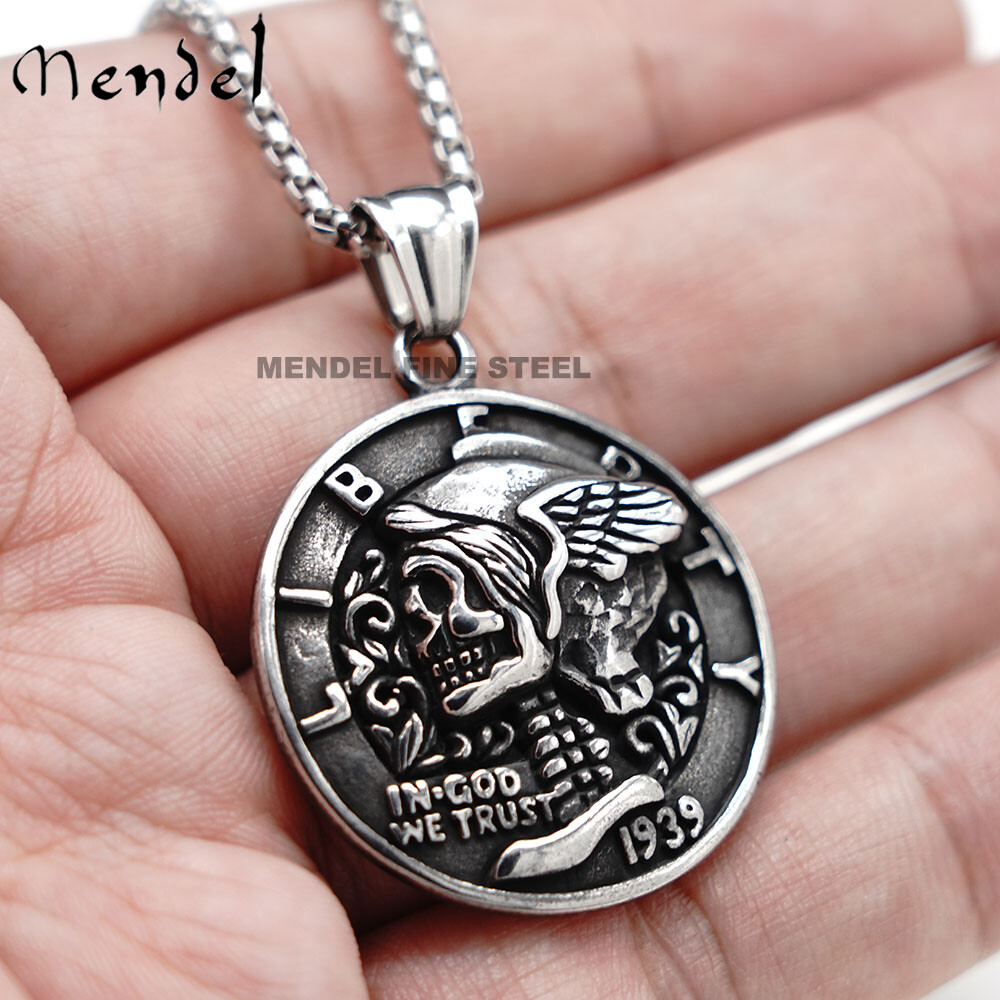 MENDEL Gothic Mens Stainless Steel Coin Biker Skull Punk Pendant Necklace Men