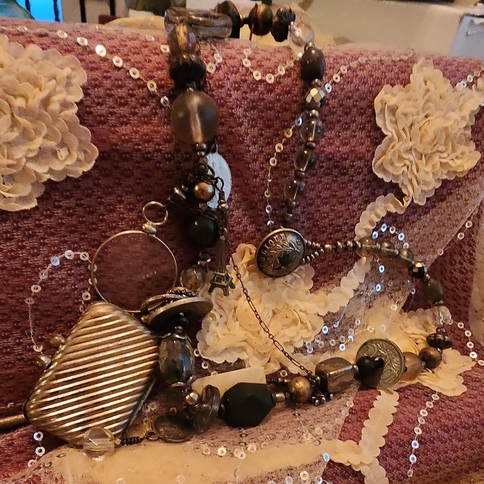Boho Beaded Statement Charm Necklace Bronze/Black Rectangle Pendant, Dangling