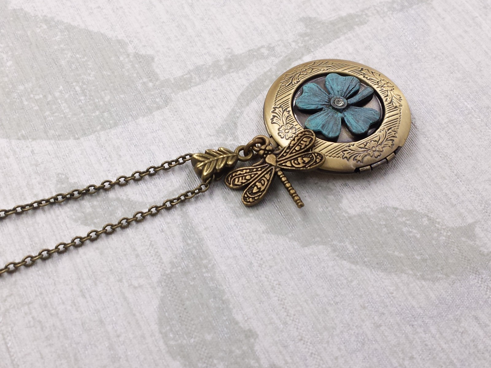 Clover and Dragonfly Locket Faux Verdigris Patina Shamrock Leaf Jewelry