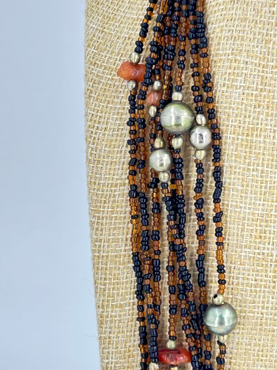 Vintage Multi-Strand Beaded Necklace 25in Brown Black Silver Beads