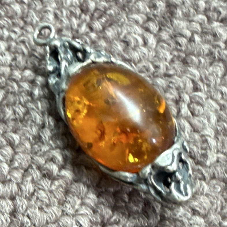 925 Silver Oval Bezel Set Charm Pendant Orange Amber Cabochon w/ Bail Loop