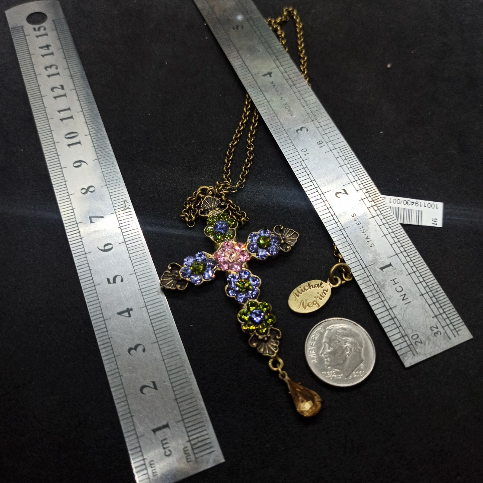 Michal Negrin Cross Necklace Purple Flower Pendant & Swarovski Crystals Gift New
