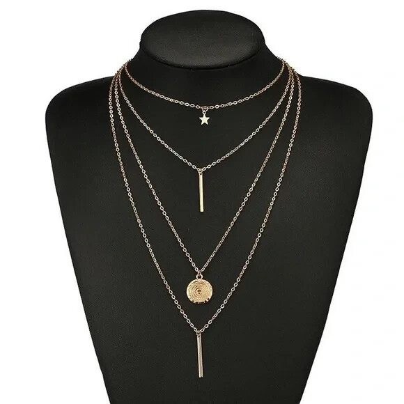 Four (4) Layered Multi Chain Gold Necklace, Column, Pendant and Star