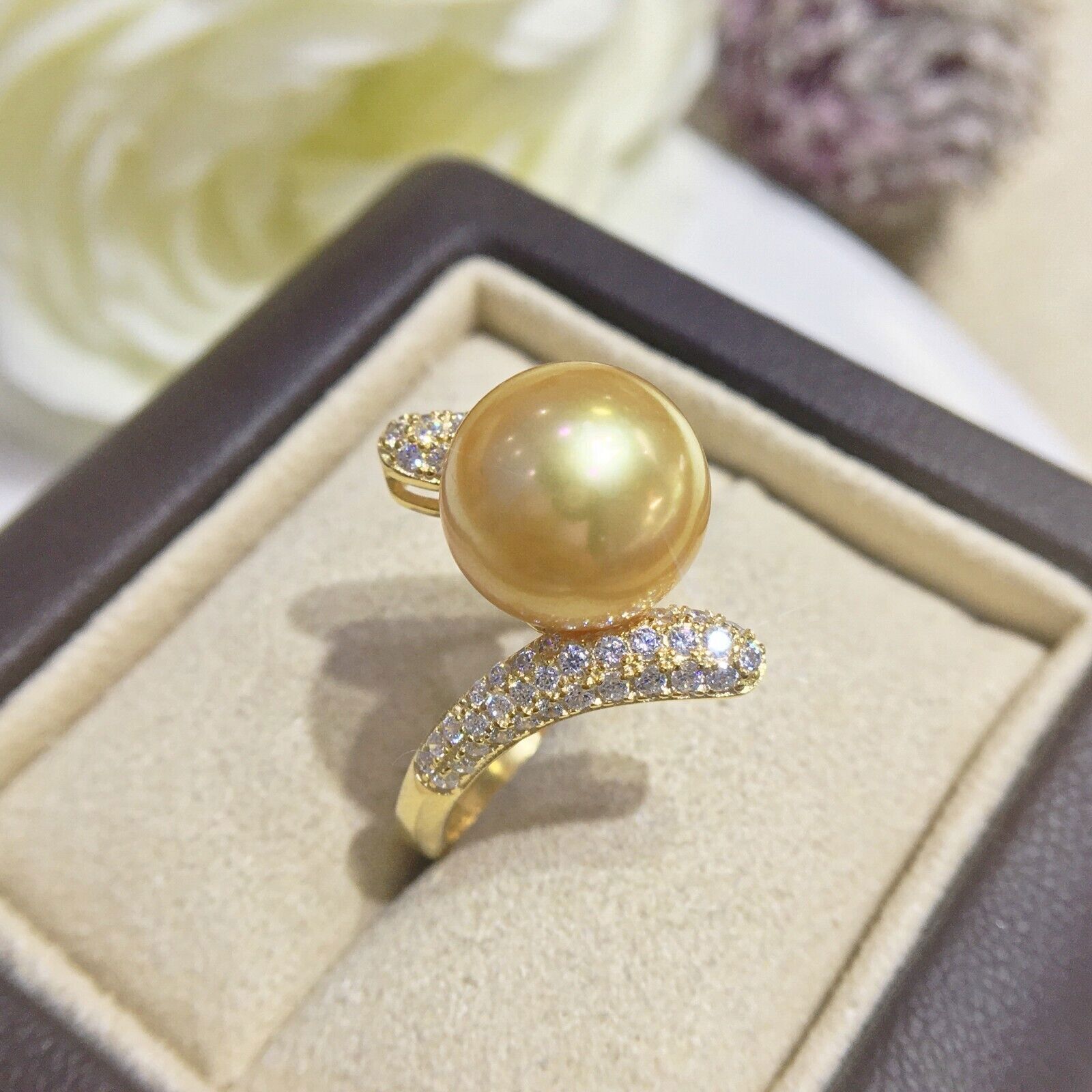 Gorgeous HUGE AAAAA 11-10mm ROUND natural south sea Golden pearl ring 925S…