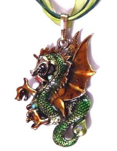 GREEN ENAMEL DRAGON NECKLACE medieval wyvern ribbon pendant renaissance M3
