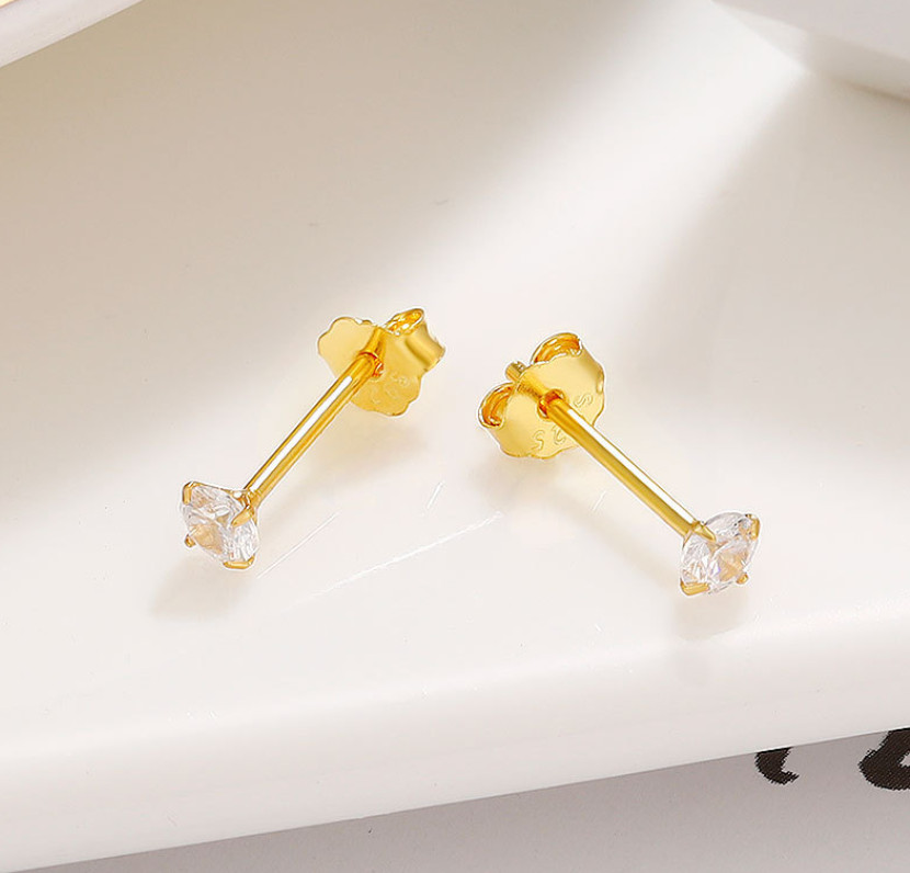 925 Sterling Silver Gold-Plated Round Cubic Zirconia Clear CZ Stud Earrings
