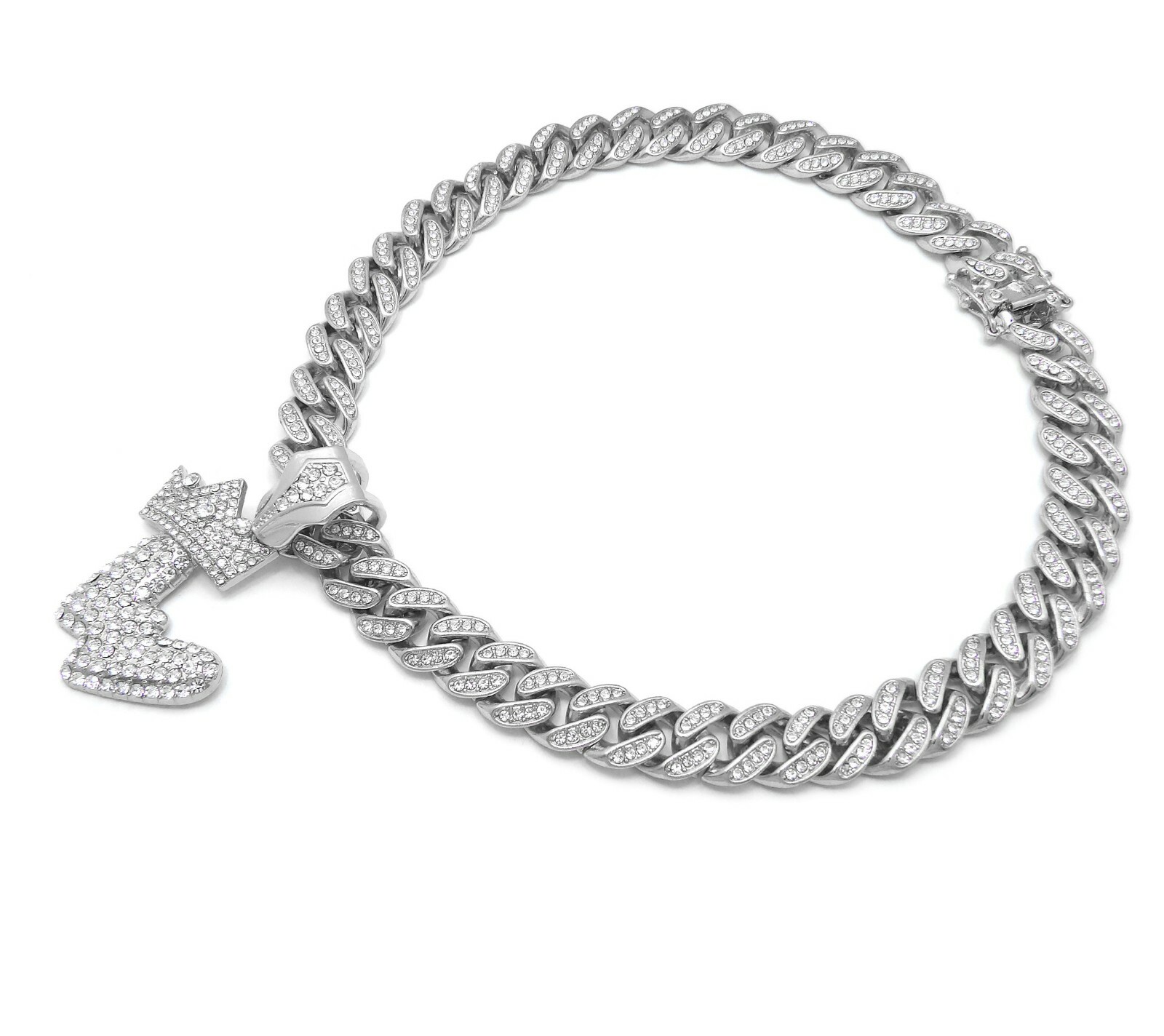Silver PT Bubble Alphabet W Pendant 16″ ~ 24″ Iced Cuban Box Lock Chain Necklace
