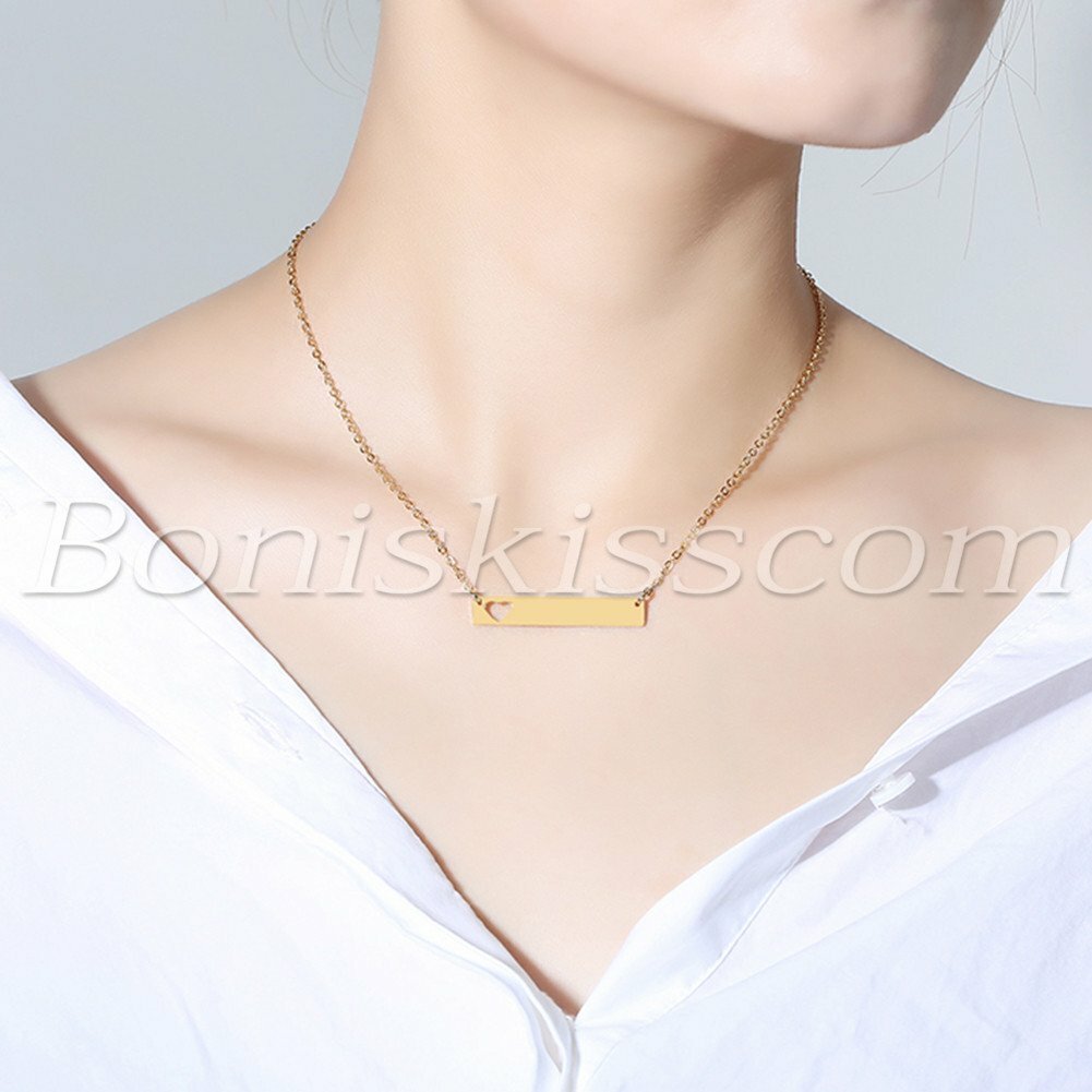 Womens Personalized Stainless Steel Horizontal Bar Heart Pendant Custom Necklace