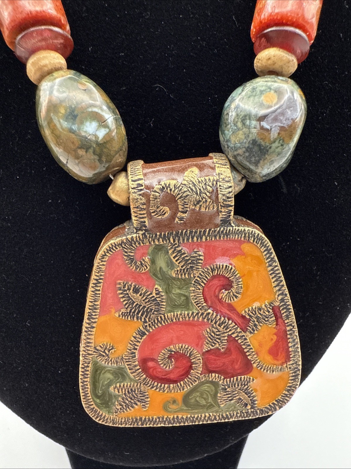 Chicos Necklace Signed Antiqued Copper Red Orange Multicolor Enamel Necklace 16”