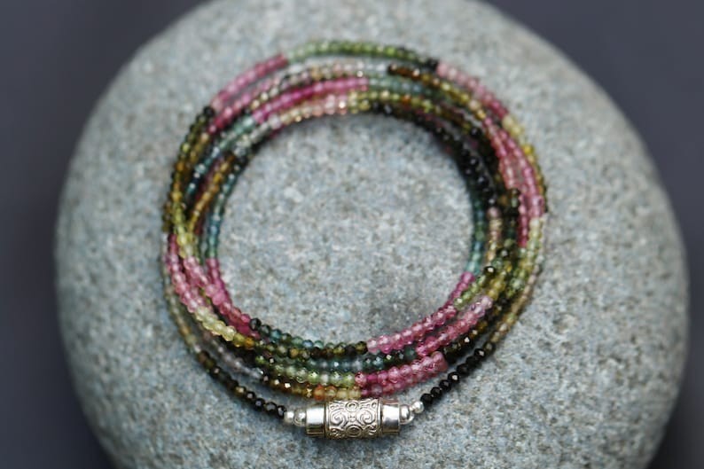 A++ Multi Tourmaline Faceted Round Gemstone Beads Balancing Energy Necklace 24”