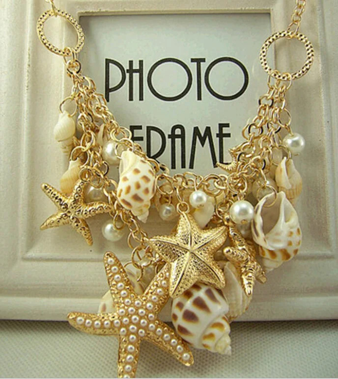 Beach Seashell Starfish Necklace Gold Chain Pearl Boho Statement Jewelry Women
