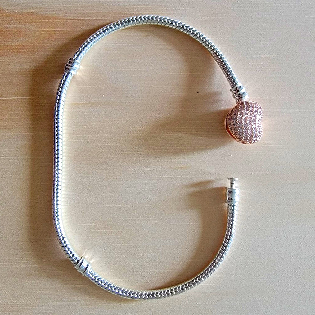 Silver Tone Snake Chain Charm Bracelet with Pink Dangle Charm