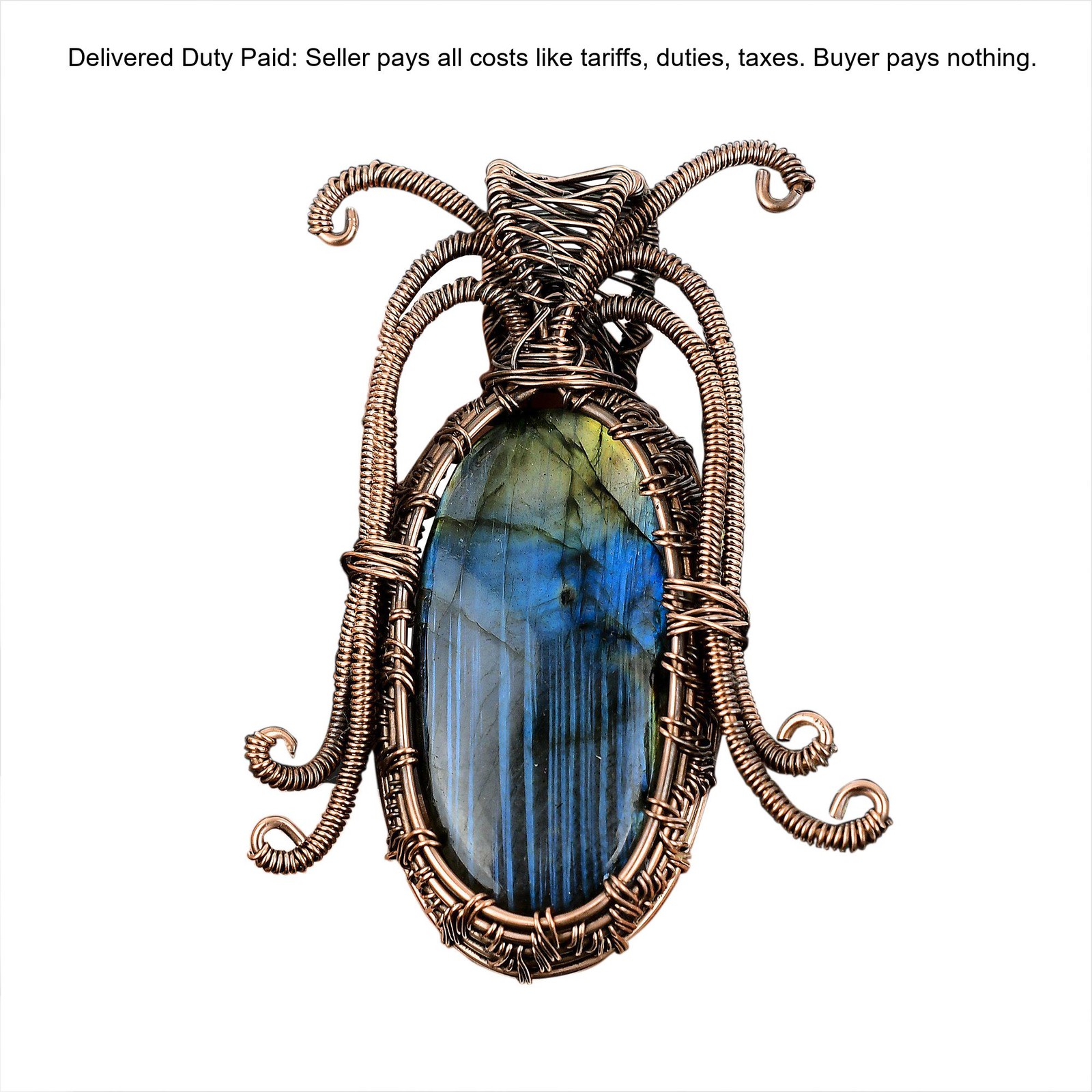 Copper Third Eye Chakra Labradorite Gemstone Unique Wire Wrapped Pendant Jewelry