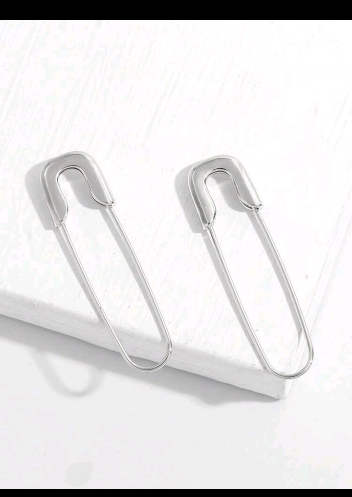 Silver Tone Safety Pin Shape Dangle Drop Earrings Hook Back 4.4cm 1.2cm