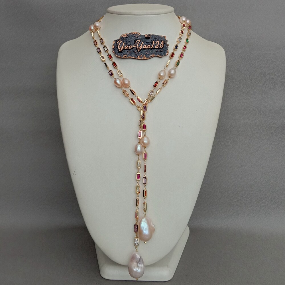Cultured Pink Keshi Pearl Mixed Color Rectangle Cz Pave Long Chain Necklace 50″