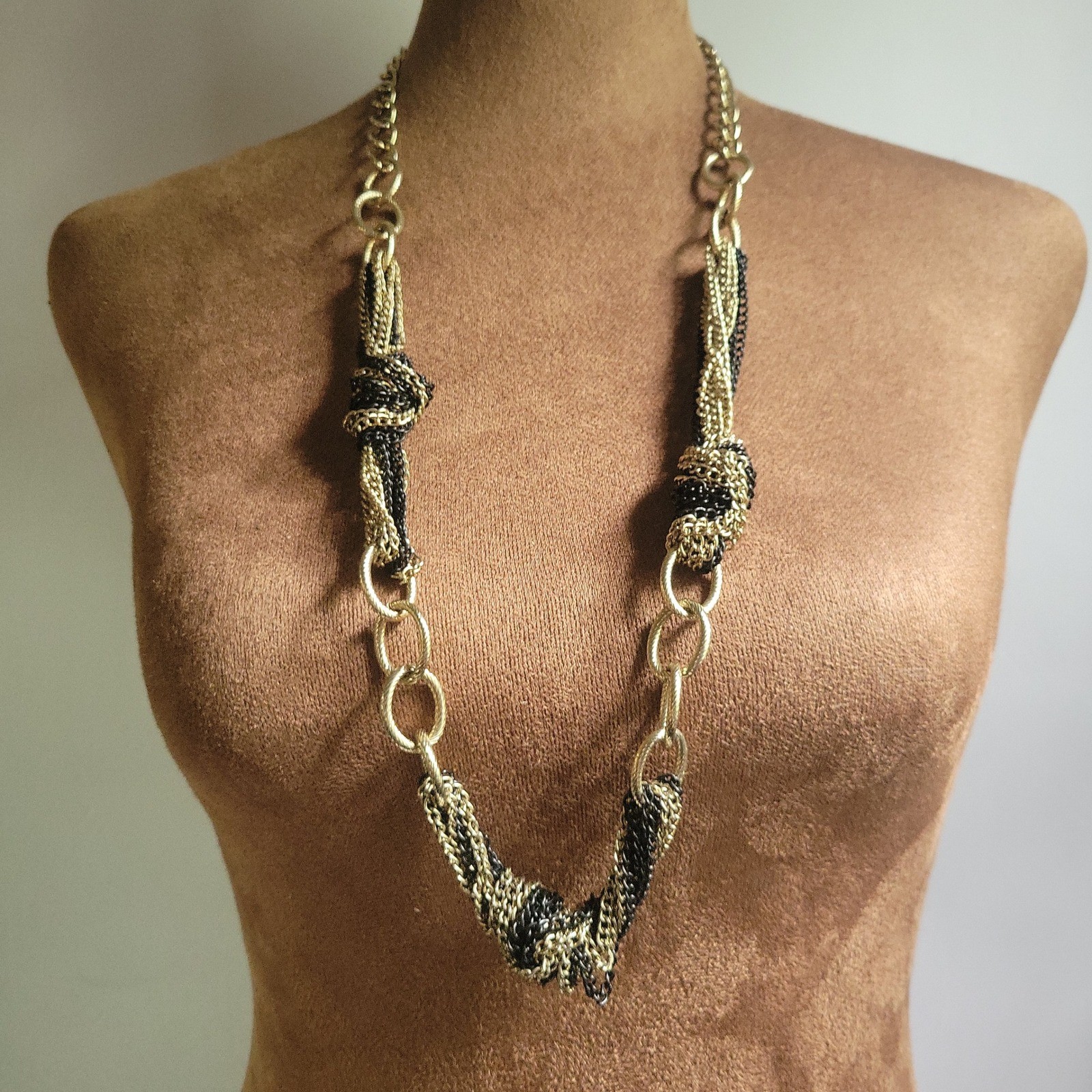 Gold Black Multi Strand Knotted Chain Statement Necklace 22 Inch Eclectic