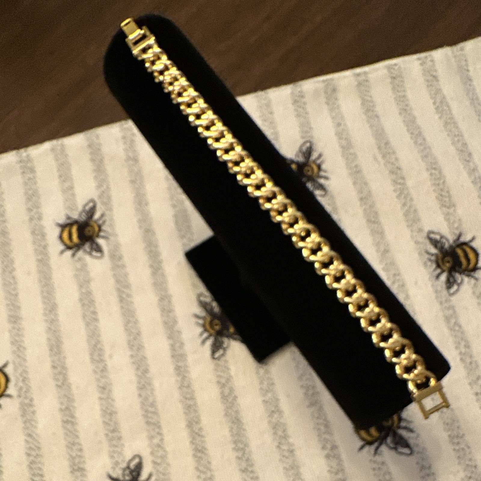 Gold Tone Cuban Link Chain Bracelet Pavé Clear Rhinestones Box Clasp
