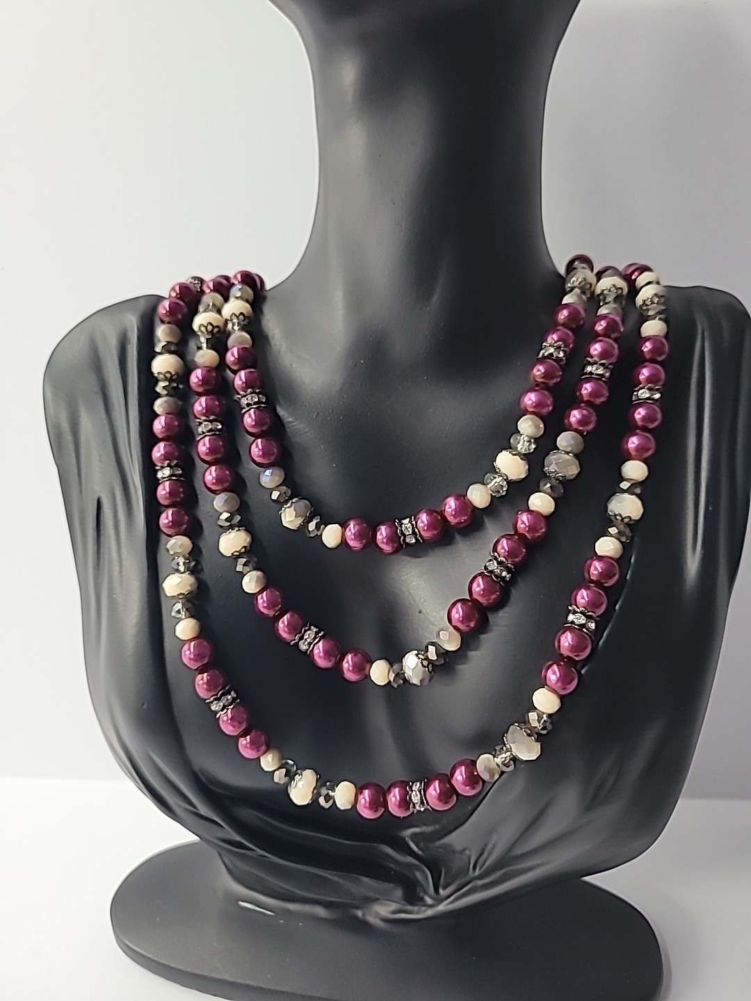 Vintage Necklace Beaded Pink Purple White Crystals Jewelry Costume