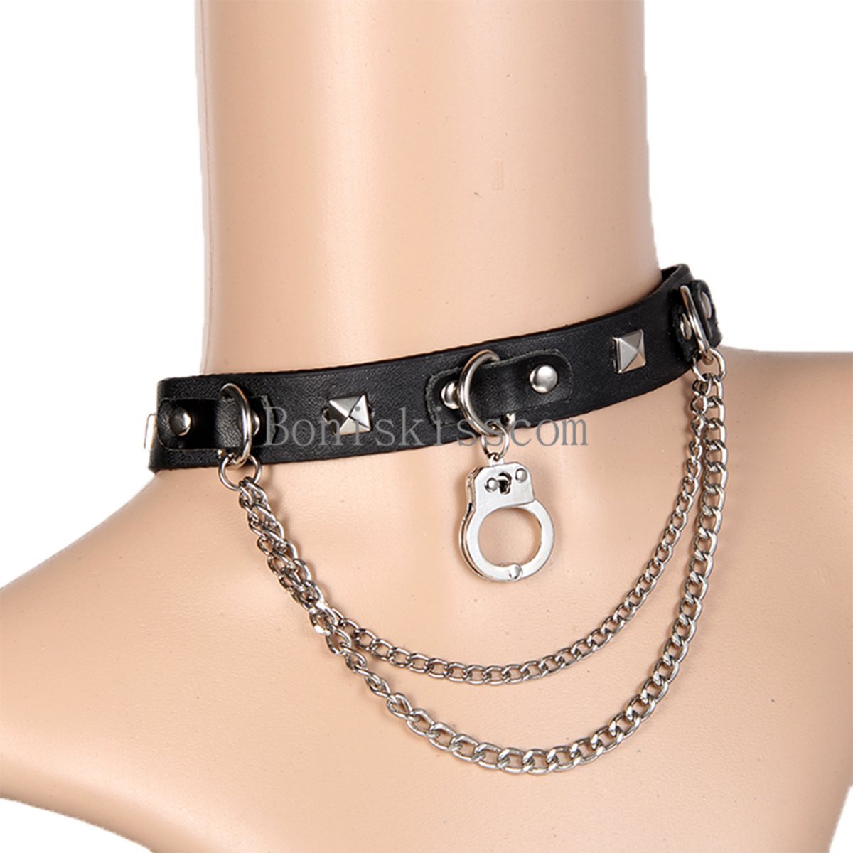 Punk Gothic Spike Rivet Buckle Handcuff bBlack Leather Choker Collar Necklace