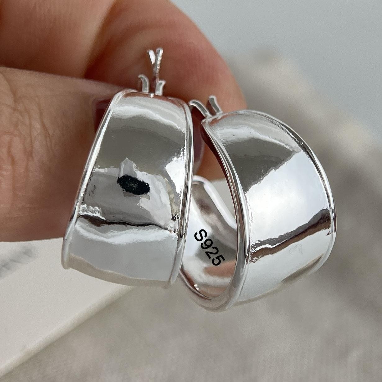 925 Sterling Silver Wide Hoop Earrings For Women Trendy Huggie Jewelry Party
