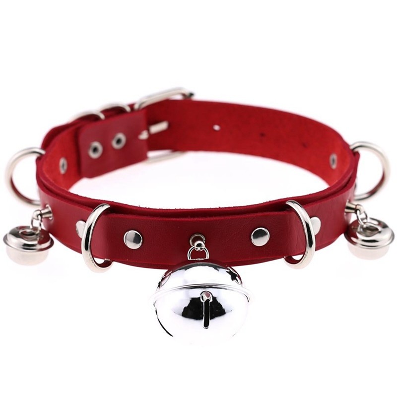 Womens Necklace Bondage Punk Gothic Choker Bell Collar Chain PU Leather