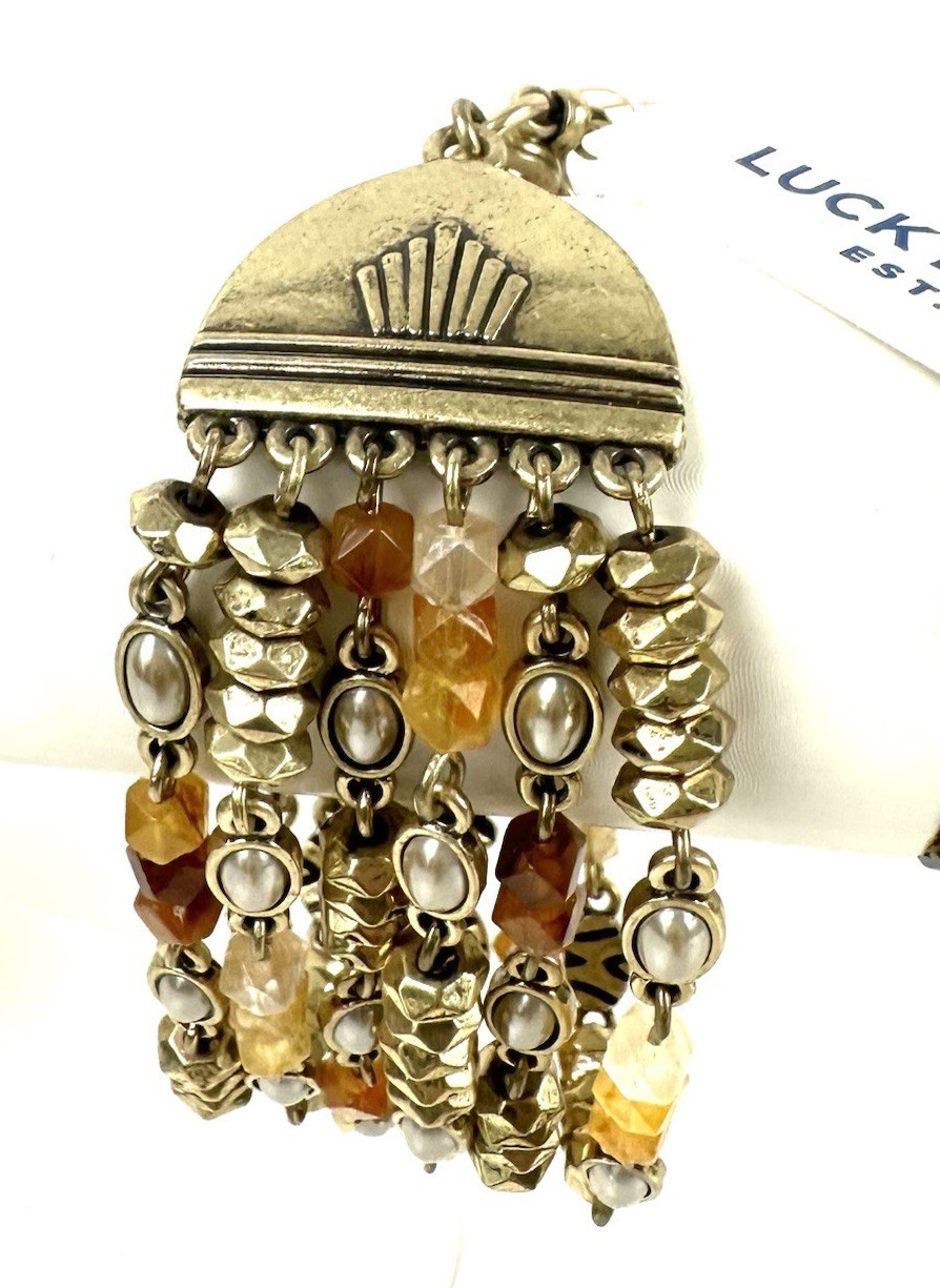 Lucky Brand Semi-Precious Stone 6-Row Link Chain Gold Tone Bracelet NWT