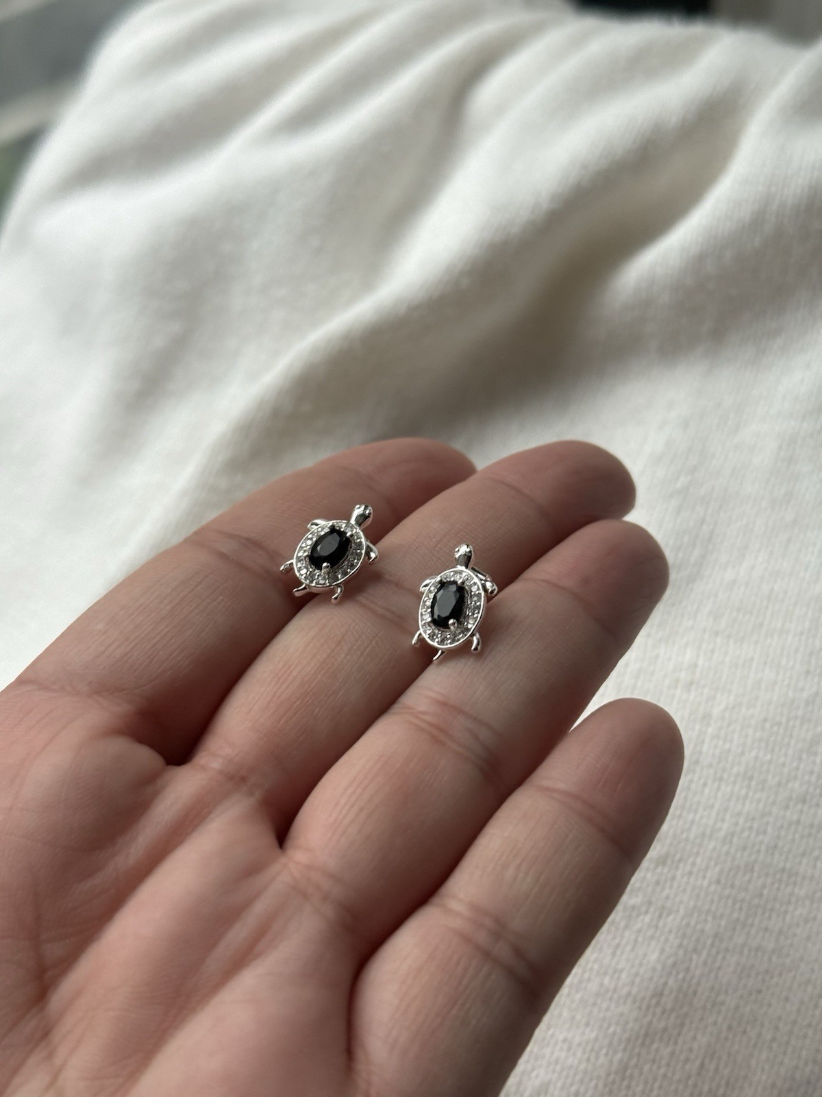 Silver Tone Turtle Stud Earrings with Black Oval Gemstone and Rhinestone