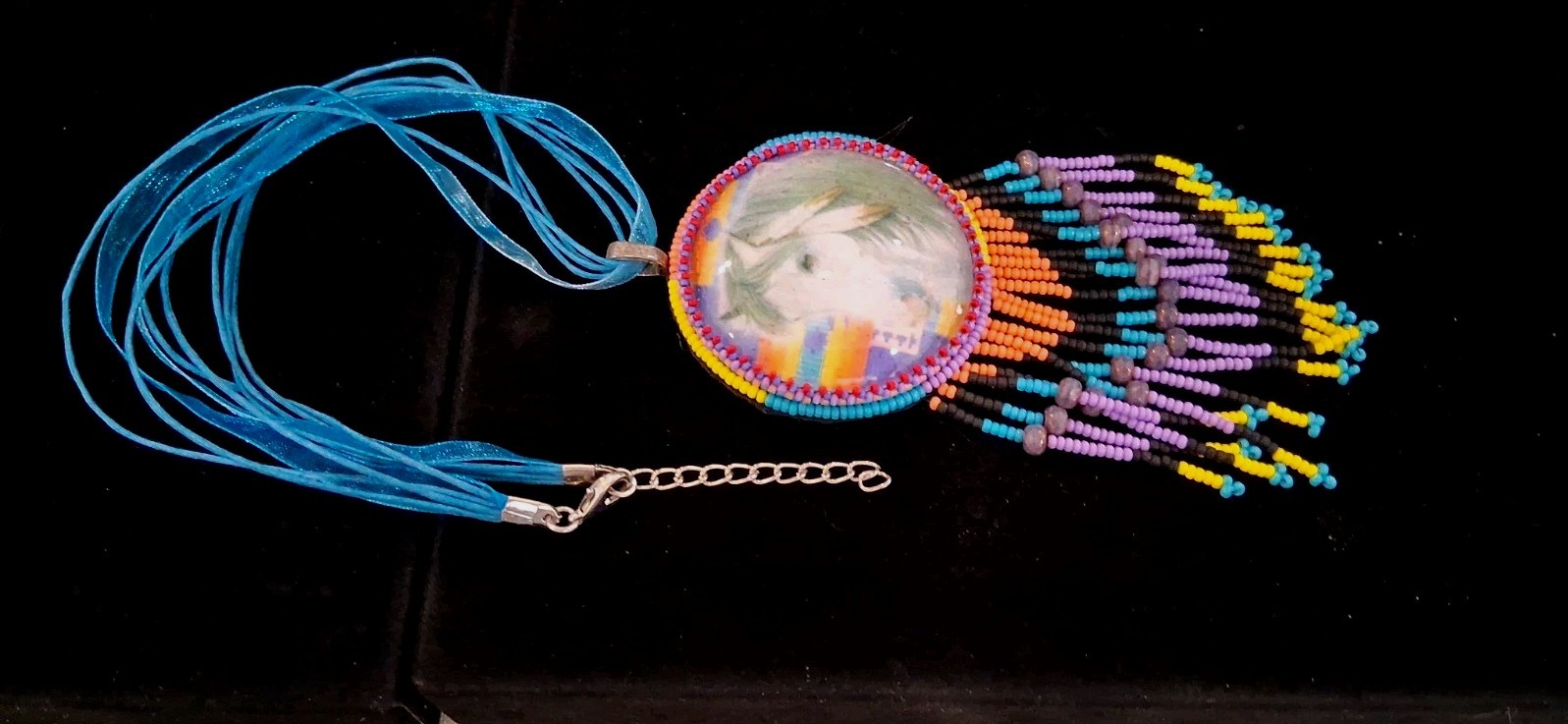 Beaded Medallion 16″Necklace With Horse Design: Multicolored Beadwork&2.5″Fringe