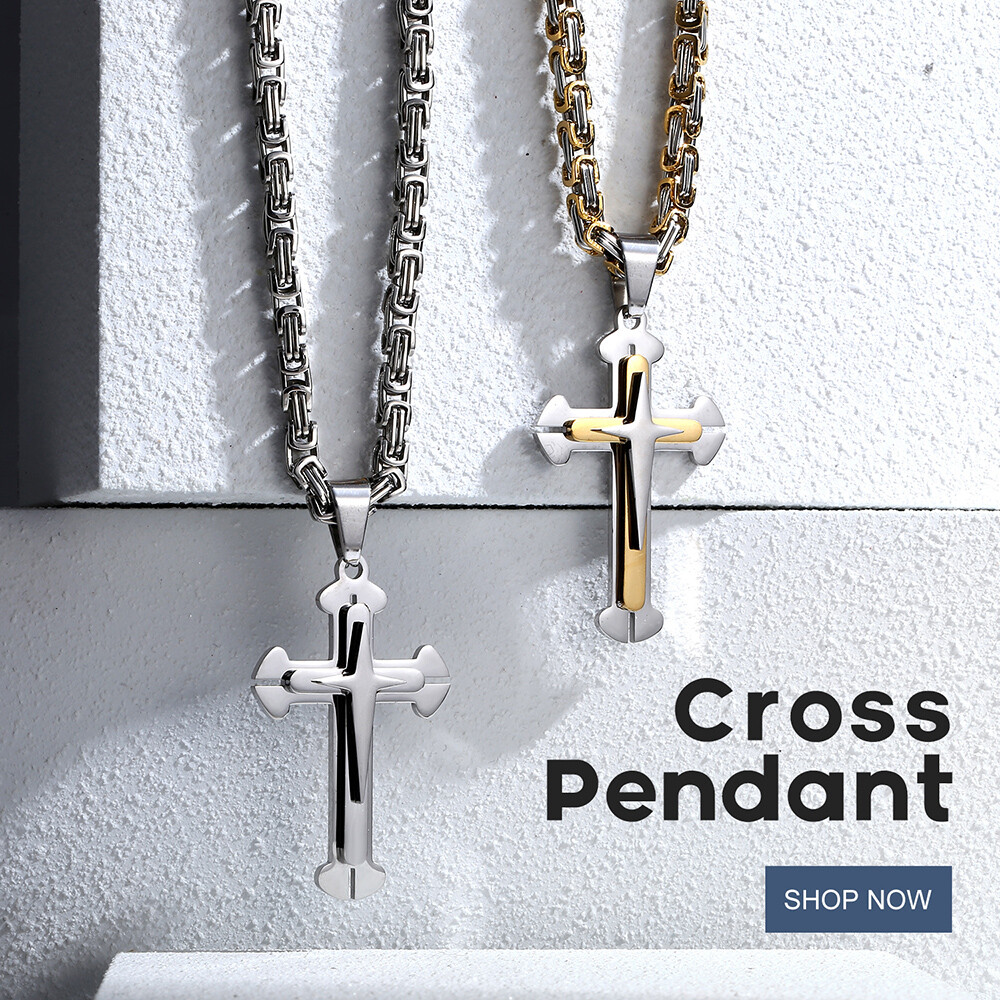 Cross Necklace for Men Gold Plated Stainless Steel 18″-30″ Byzantine Box Chain