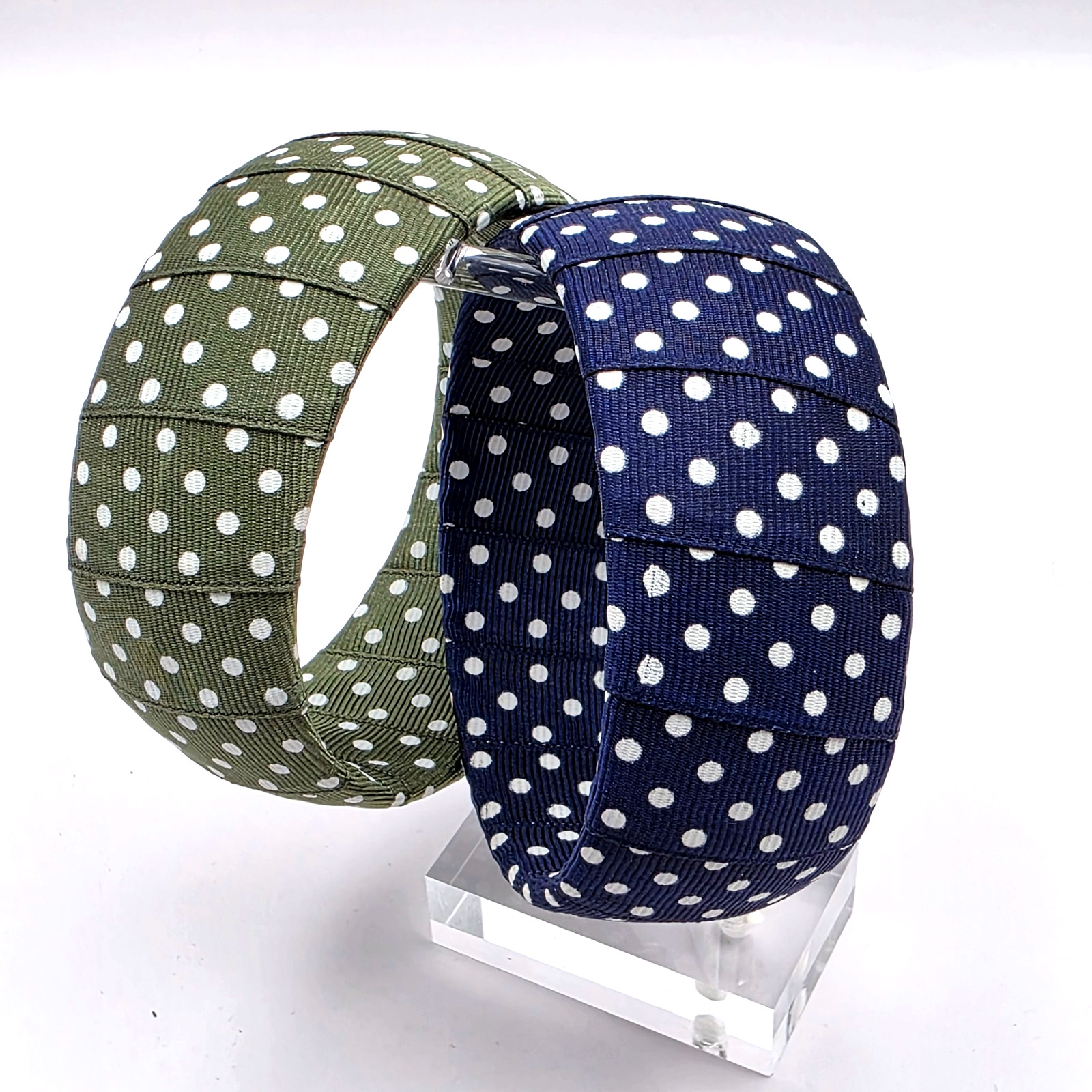 Fabric Bangle Bracelets Polka Dot Blue Green Retro Ribbon Wrapped Set Of 2