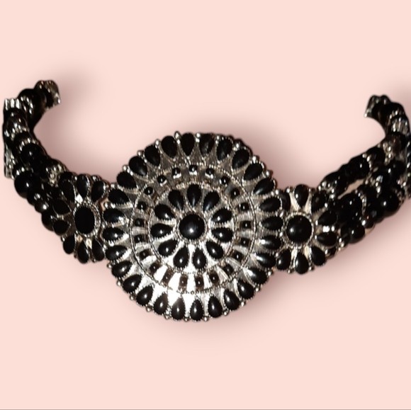 tribal neckpiece choker bead necklace adjustable black and silvertone statement