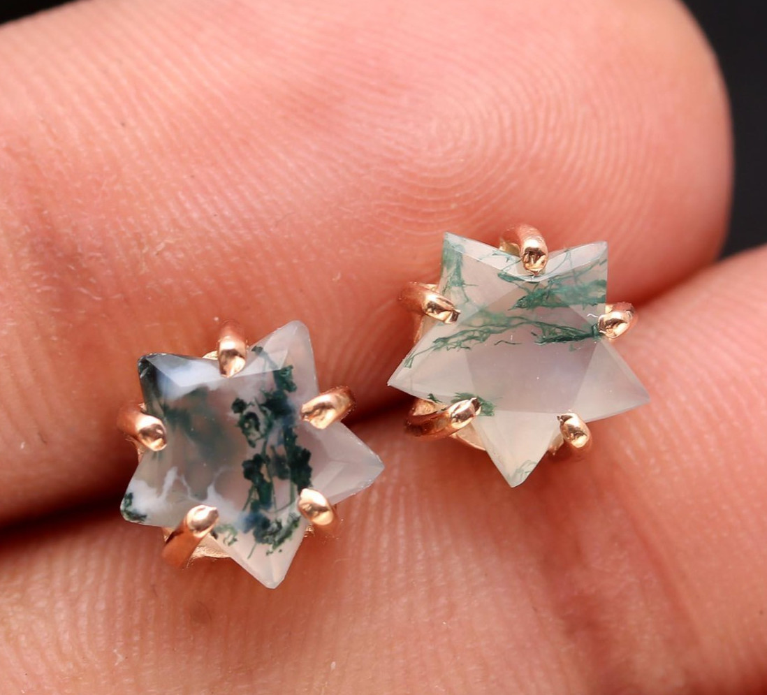 Natural Moss Agate Star Stud Earrings Rose Gold Fill 925 Sterling Silver Jewelry