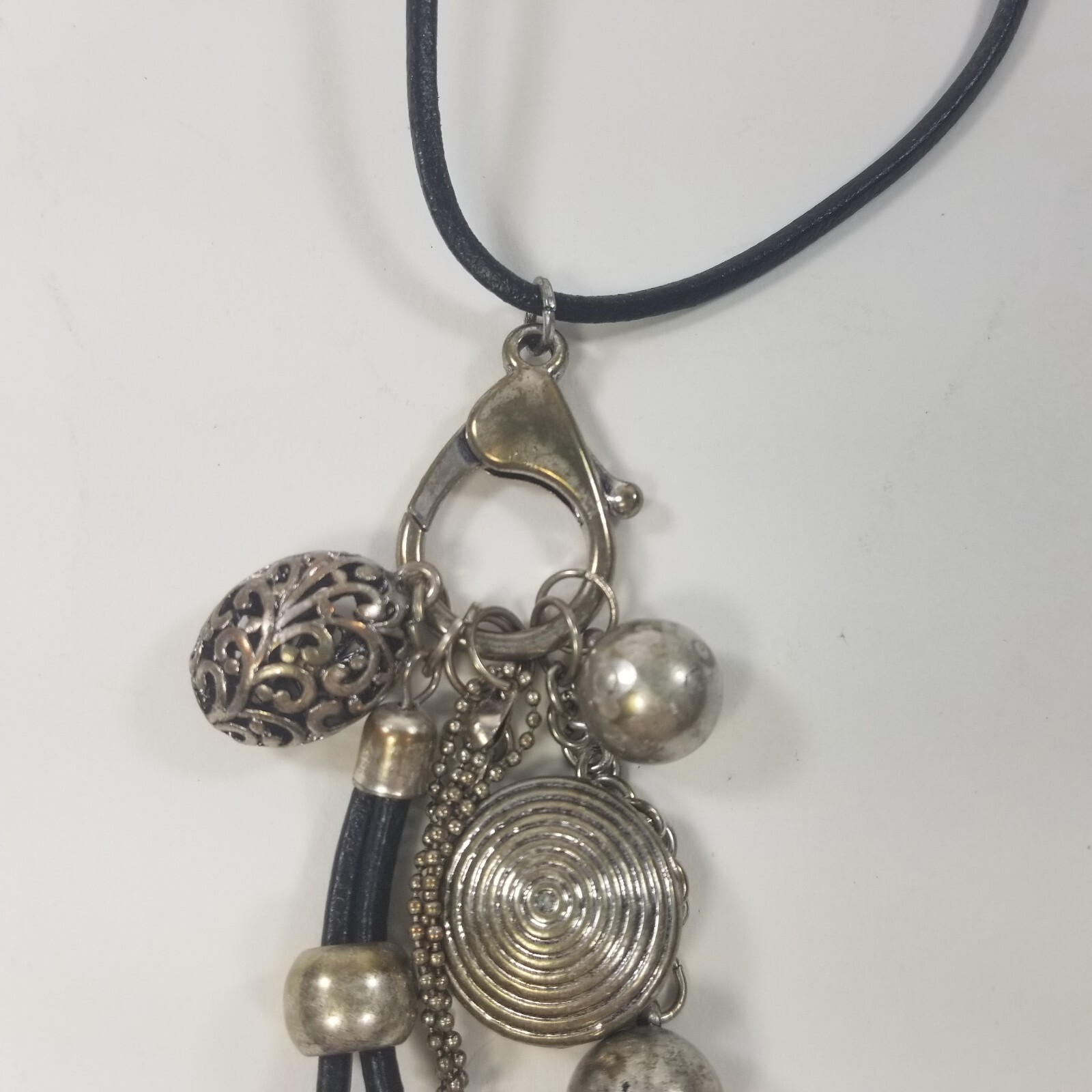 Flower Dangle Ornate Pendant Charms Necklace Silver Tone Black Cord 32-34″