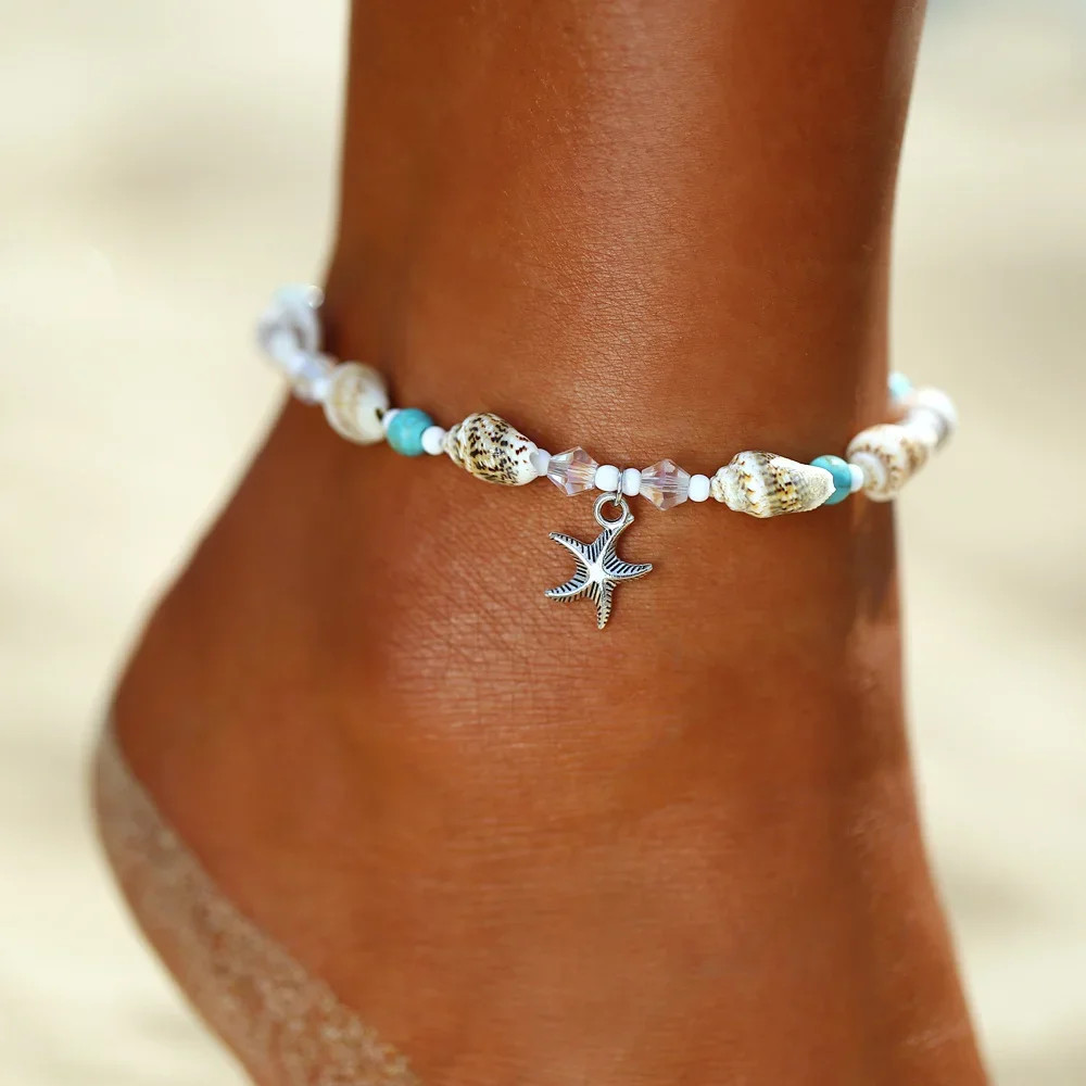 Summer Beach Boho Double Heart Anklets for Women Fashion Shell Starfish Ankle Br
