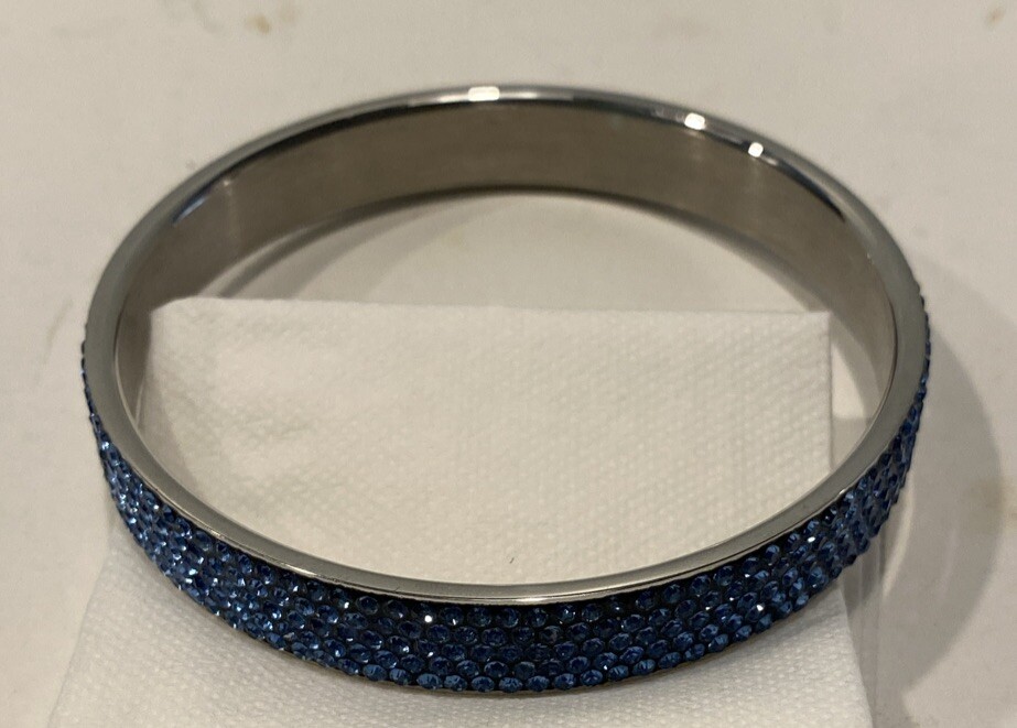 Chisel Bracelet Bangle Style. Stainless Steel w/ Ice Blue Rhinestones. 0.5” Wide