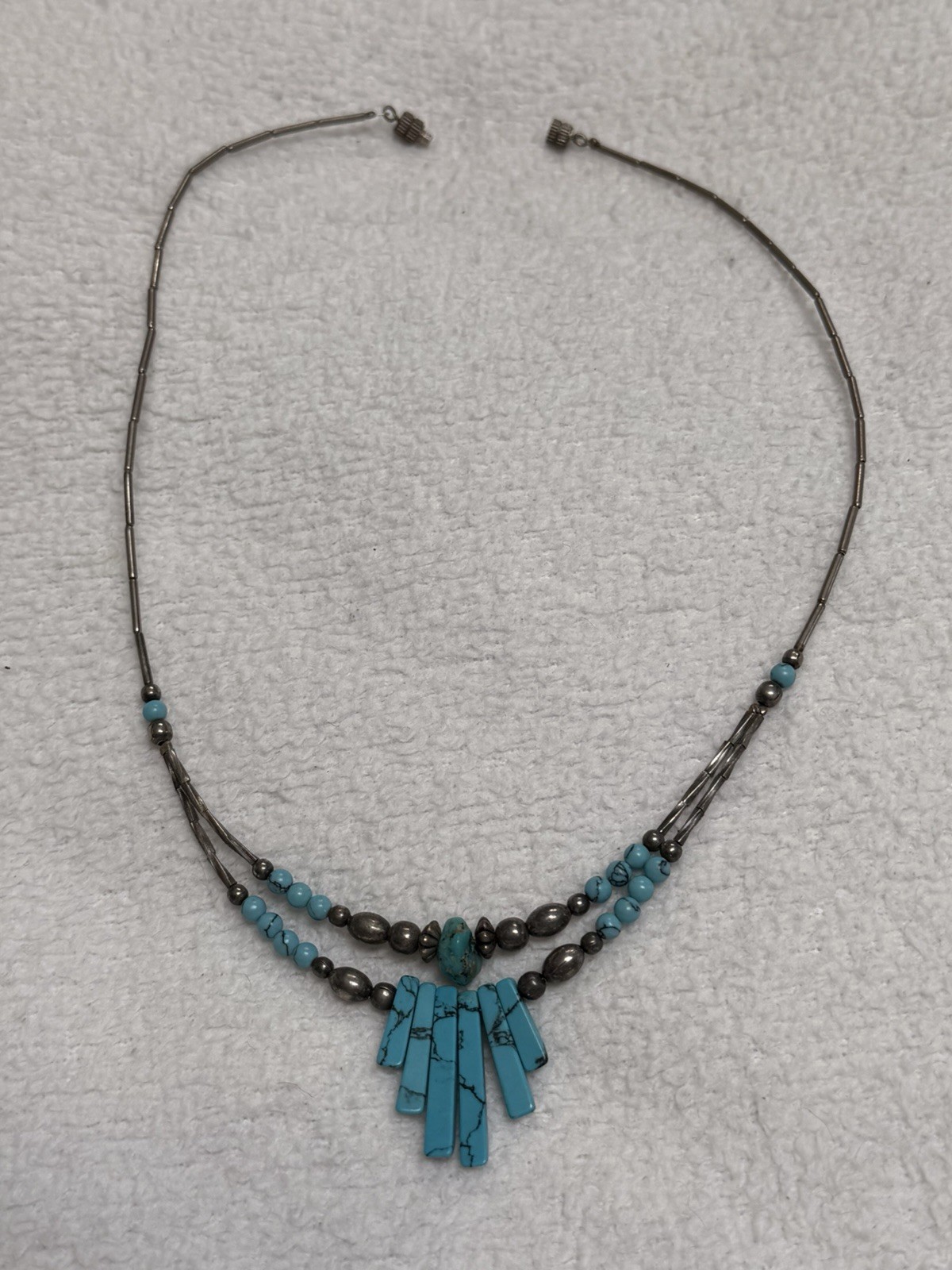 Turquoise & Hematite Beaded Necklace, Blue Gray Stone Dangle Pendant
