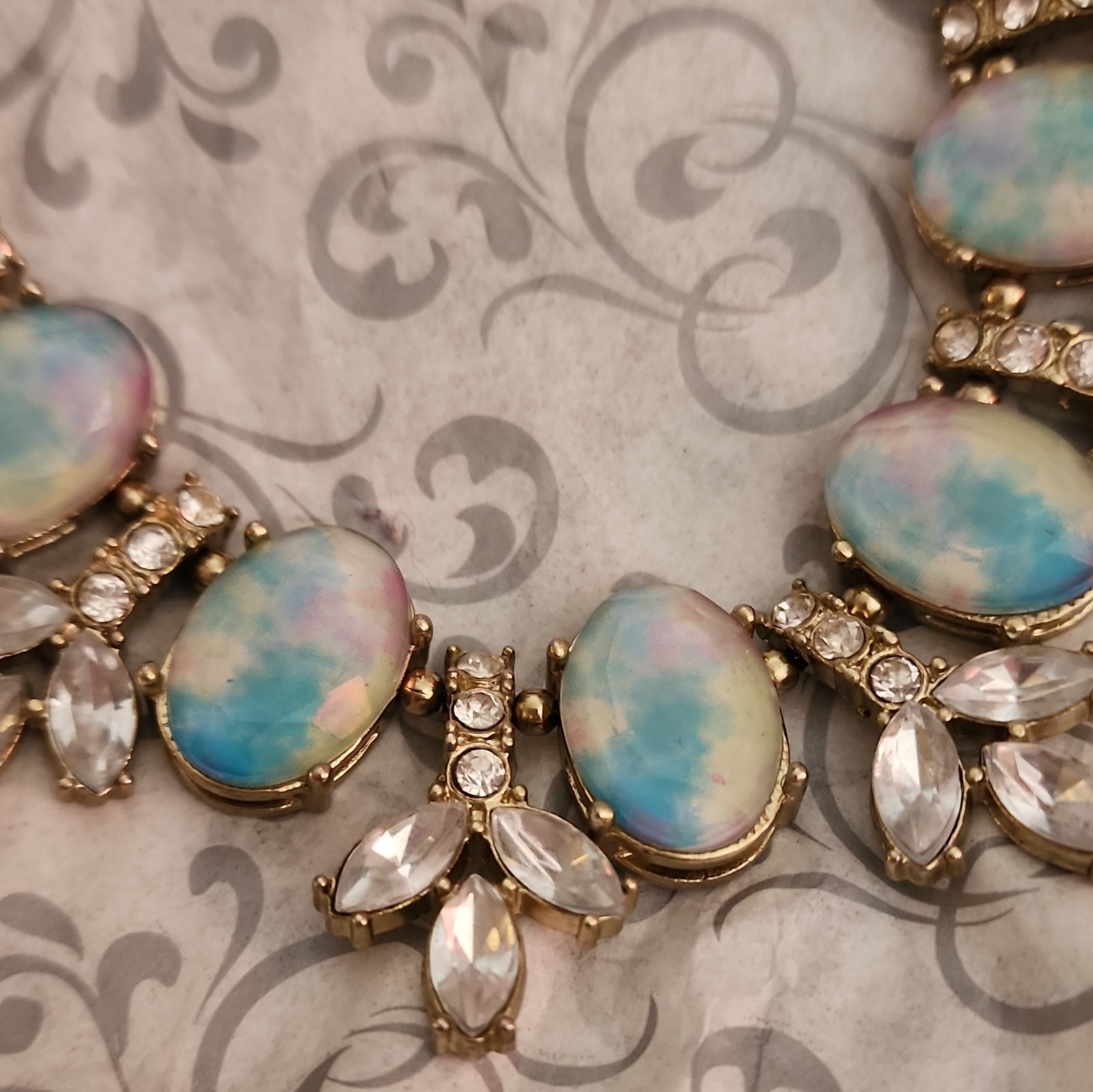 Gold Tone Statement Necklace Oval Blue/White Simulated Glass & Crystal, Adj