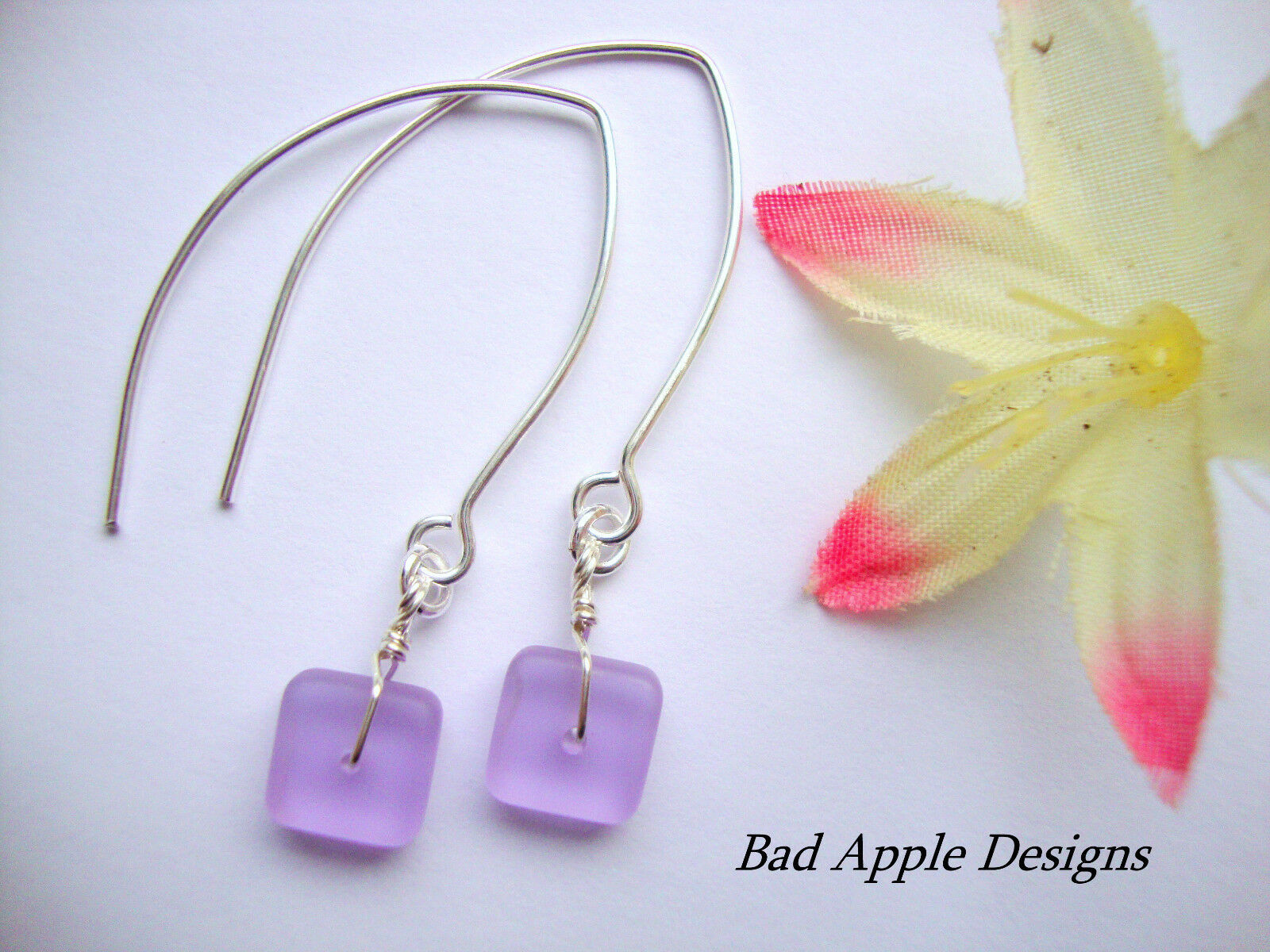 Flat, Forward-Facing, Dainty Frosted Sea Glass Silver Marquise Style Earrings
