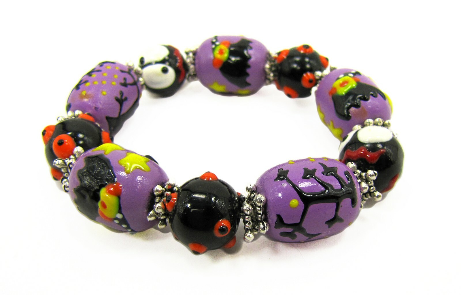 Spooky Halloween Themed Glass Beaded Stretch Bracelet, Ghost, witch bracelet