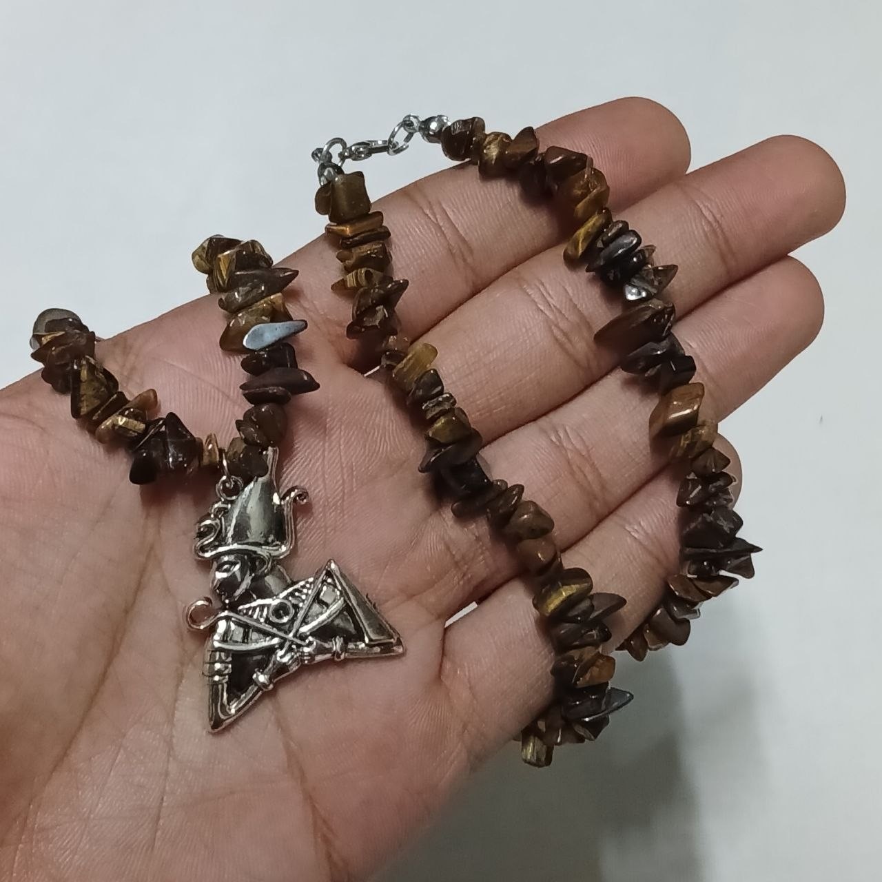 Handmade Tiger Eye Stone Necklace with Egyptian Pharaoh Pendant Jewelry