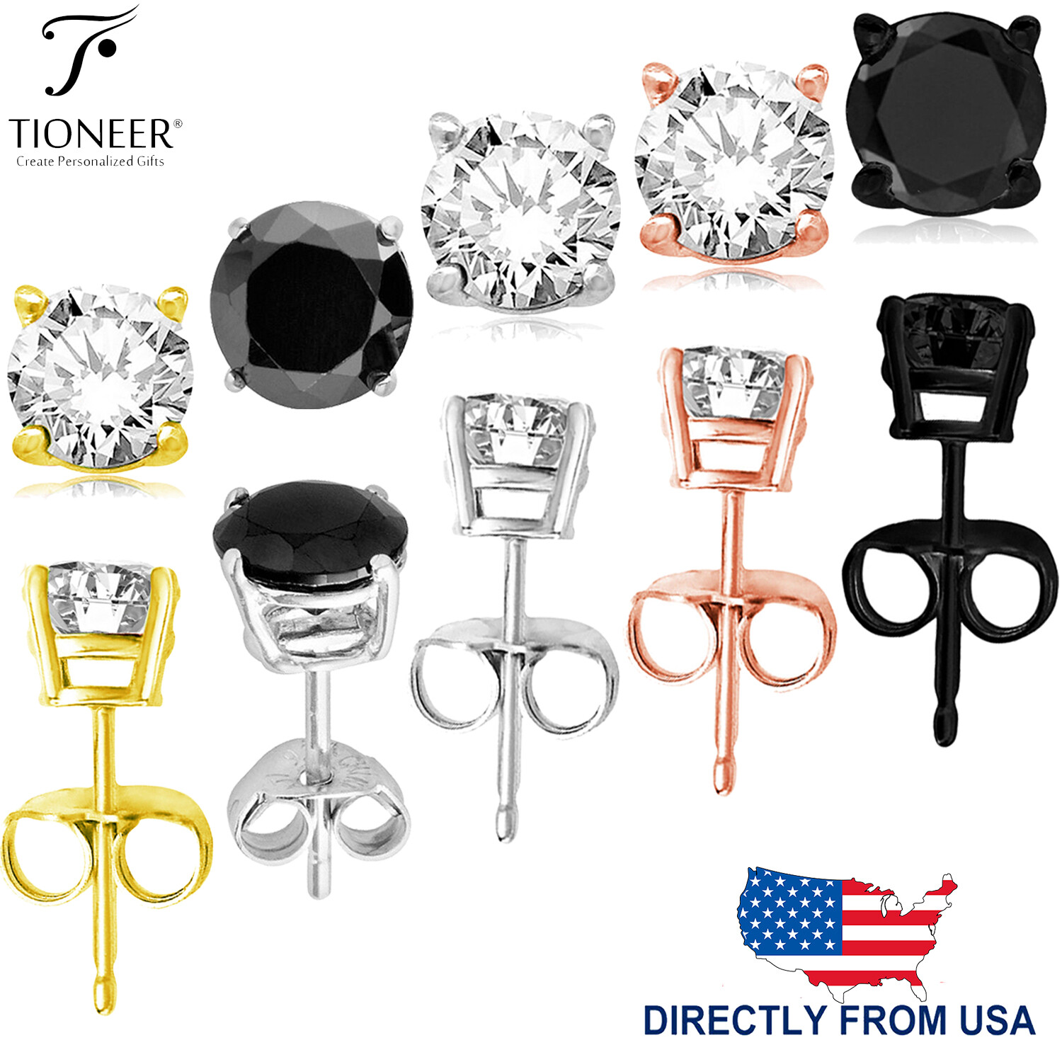 2mm-10mm Sterling Silver 925 Round Cut Cubic Zirconia Men Women Ear Stud Earring
