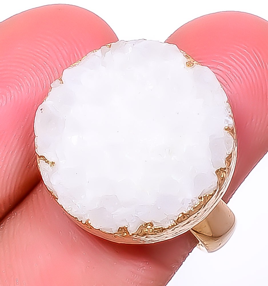 White Quartz Drusy Electroformed Gold Plated Brass Ring Size Adjustable (R16)