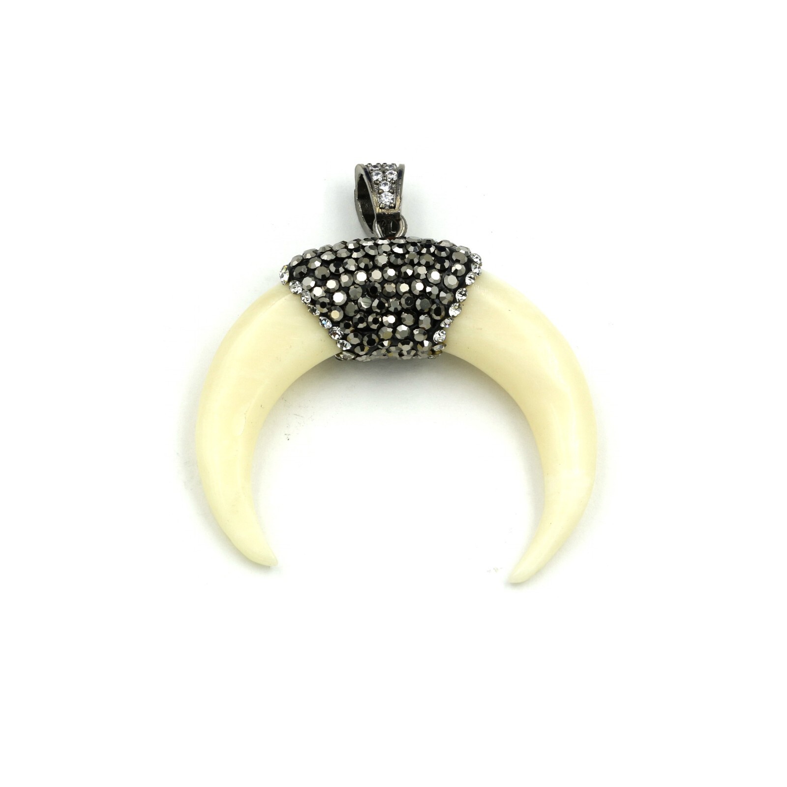925 Silver Bail Double Horn Pendant, Crescent Horn OX Bone with Hematite & CZ