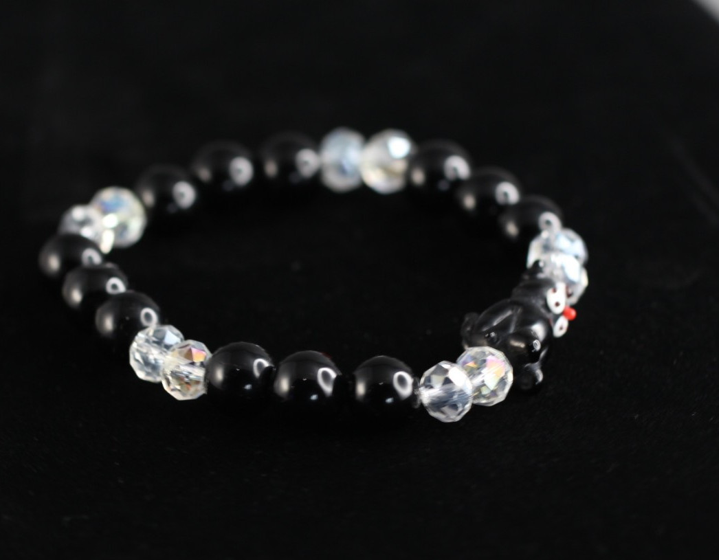 Black Cat Lampwork Bracelet 7″ Elastic Glass Beads Crystal Black Onyx Felix